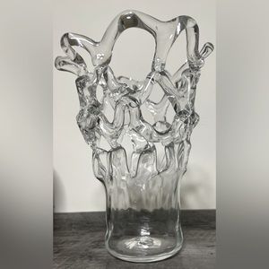 Open latticework clear glass vase.  7.5” tall.  6” wide at the top.